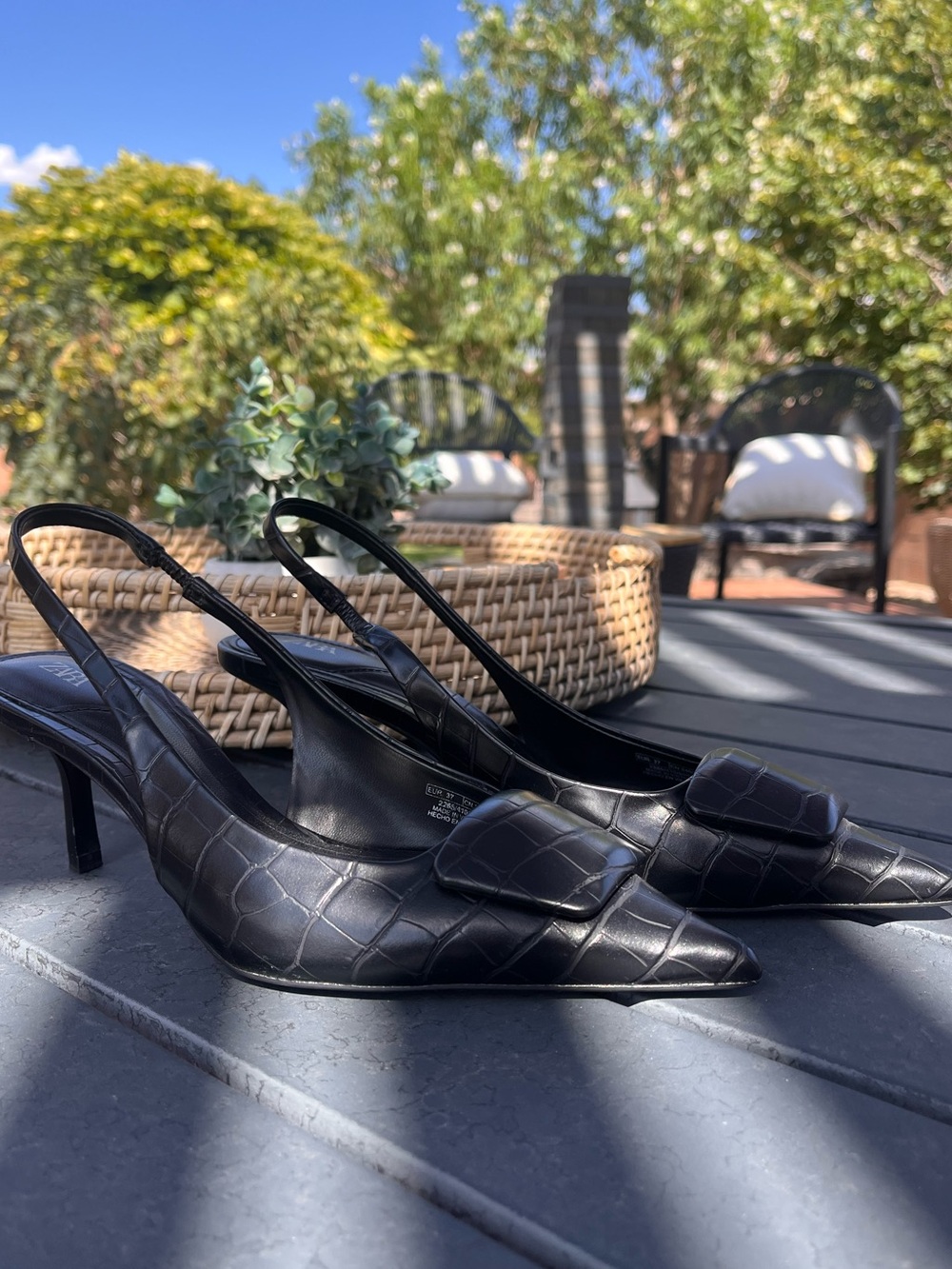 Zara Black Croc-Embossed Pointed Slingback Heels